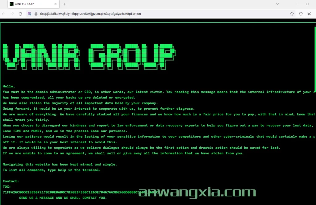 新出现的暗网勒索团伙Vanir Group公布了三个受害者，其中之一为中国企业