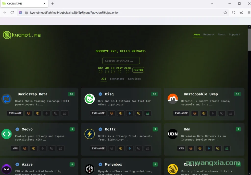 专注于隐私保护的kycnot.me支持暗网访问，推荐了大量无需KYC的加密服务