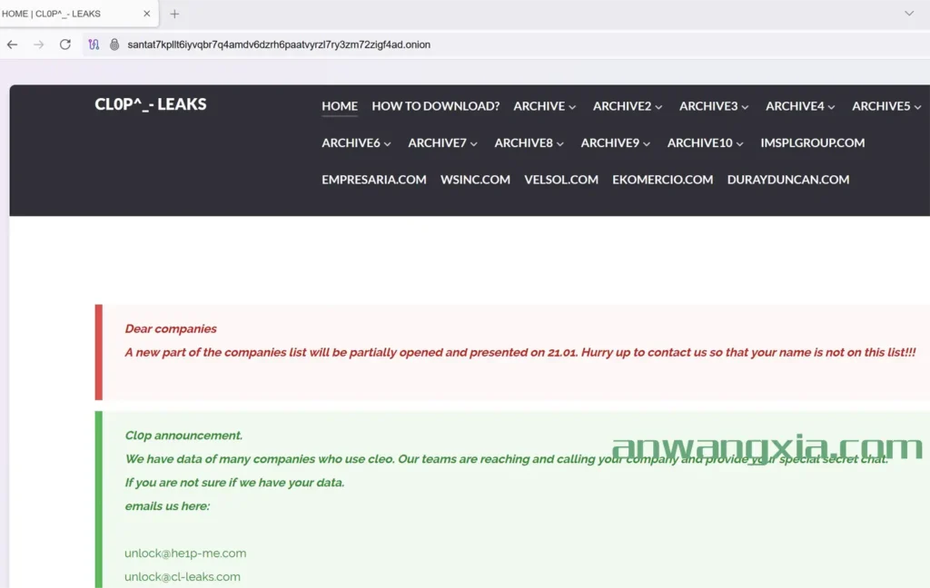 Cl0p勒索软件团伙在暗网泄密网站发布其利用Cleo漏洞入侵的受害者名单